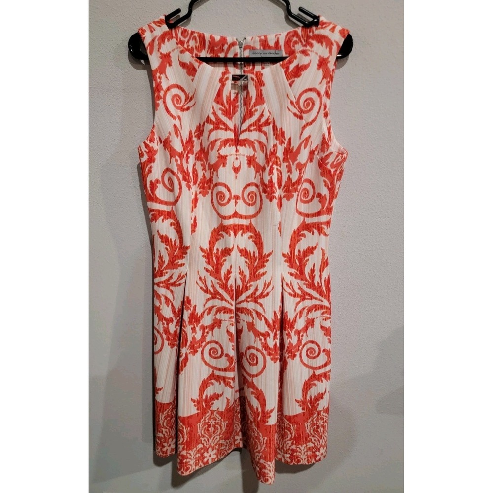Danny & Nicole Orange‎ White Damask Sleeveless Fit & Flare Pleated Dress 14 NWOT